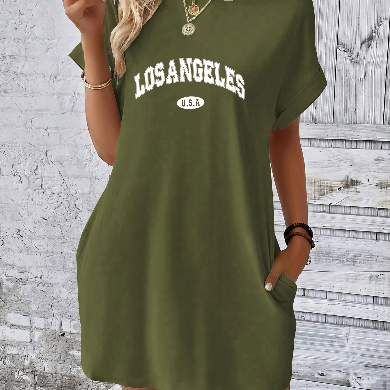 

Los Angeles Print Dress With Pockets, Short Sleeve Crew Neck Casual Dress For Summer & Spring, Women's Clothing