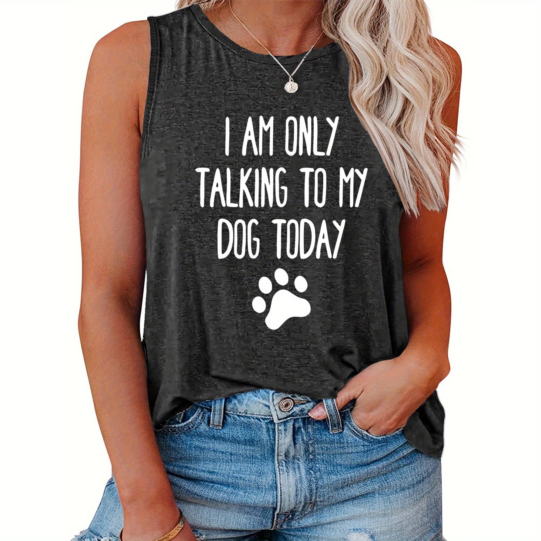 

Plus Size Casual Sporty Dog Slogan Print Tank Top, Sleeveless Casual Top For Summer & Spring, Women's Clothing