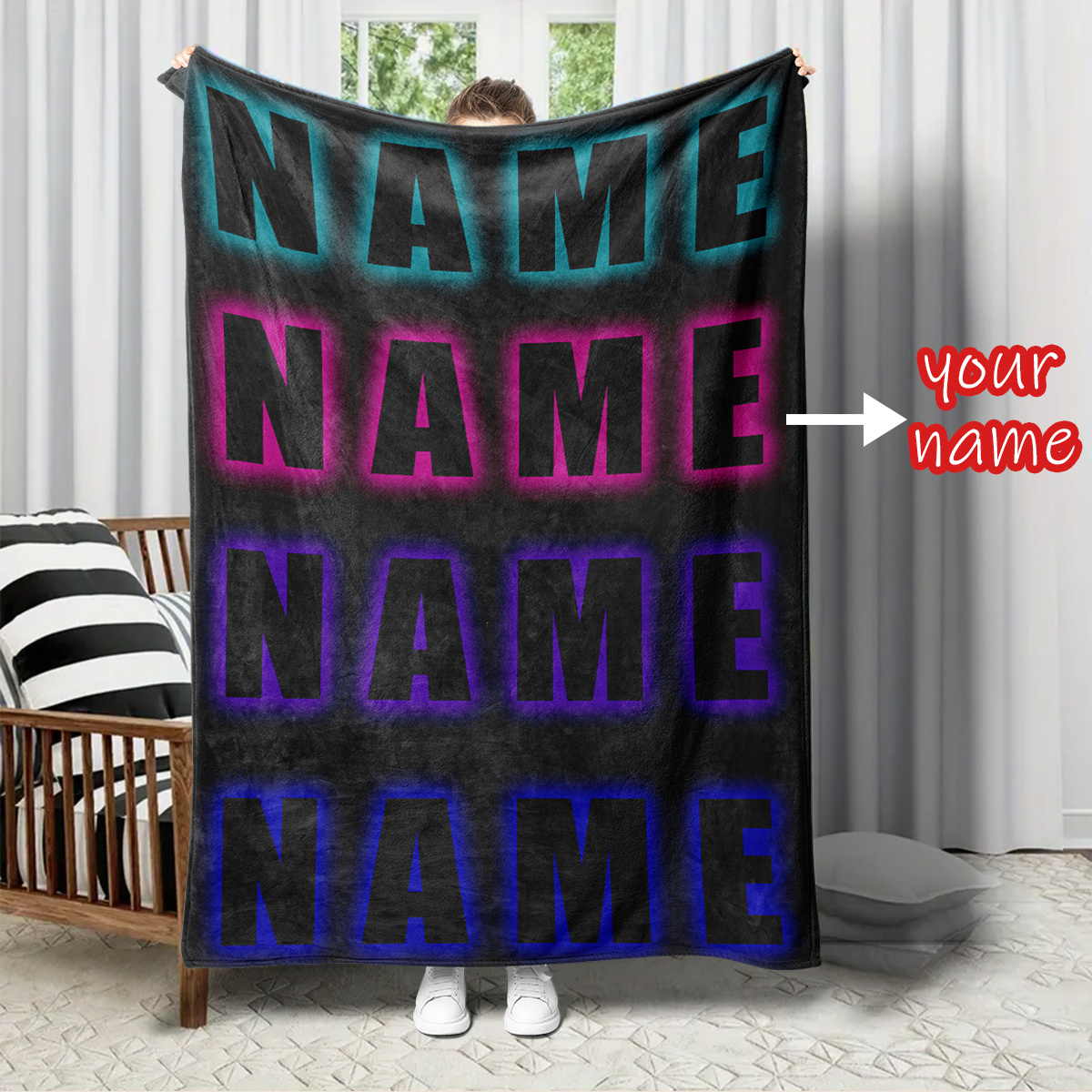 

1pc Name Blanket With Colorful Neon Lights And Gradient Glowing Fonts, Creative Art Blanket. Soft Nap Blanket As Birthday Gift. All-season Office Chair Blanket.