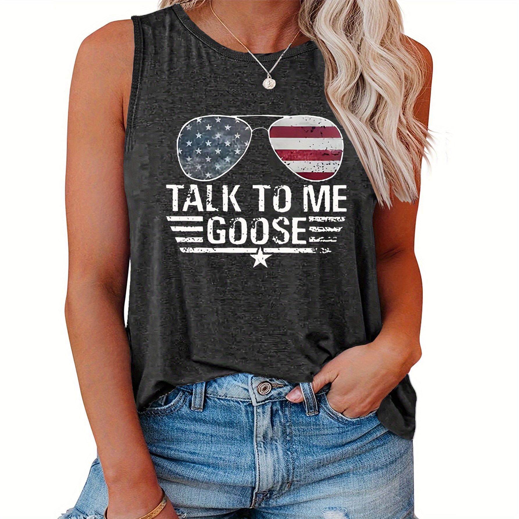 

Plus Size Casual Sporty Talk To The Goose American Flag Glasses Print Tank Top, Sleeveless Casual Top For Summer & Spring, Women's Clothing