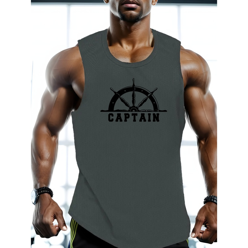 

Plus Size Men's Mesh Vest, Captain Print Breathable Sports Gym Tank Top, Men's Summer Clothing