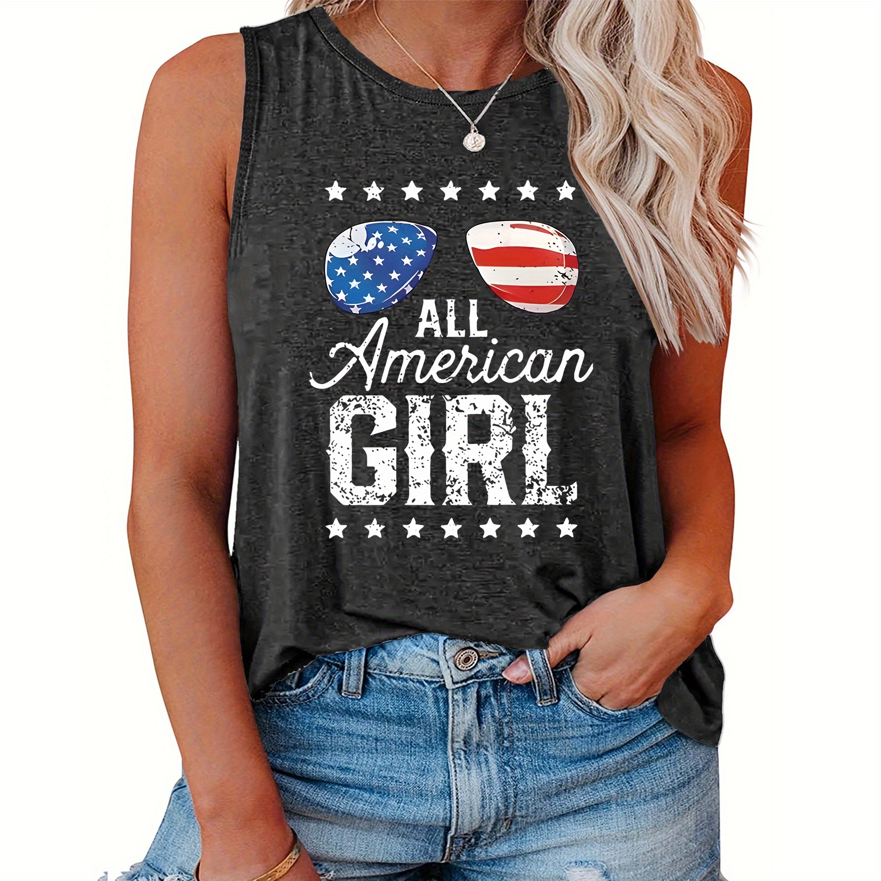 

Plus Size Casual Sporty American Flag Glasses Print Independence Day 4th Of July Tank Top, Sleeveless Casual Top For Summer & Spring, Women's Clothing