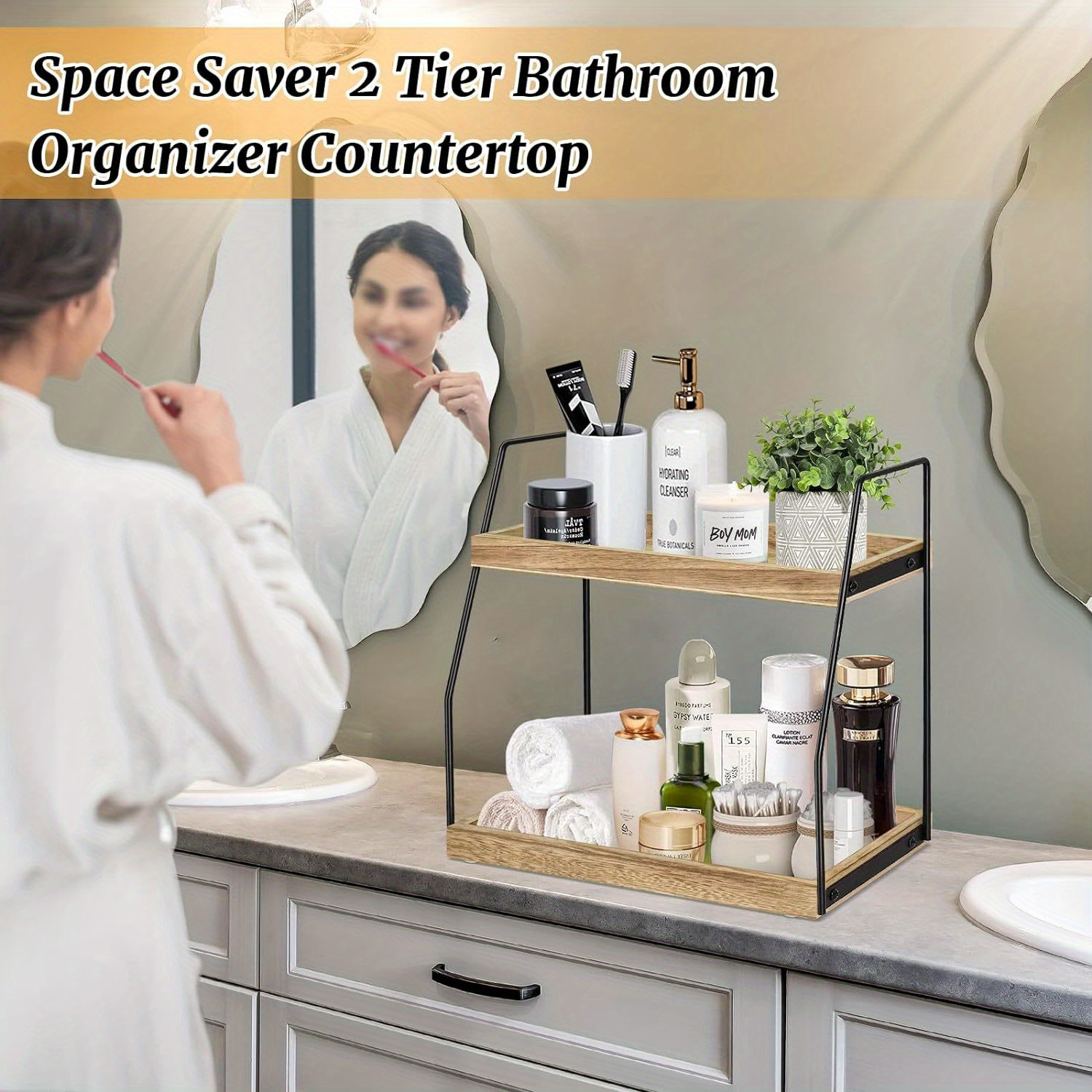 2 Tier Bathroom Countertop Organizer, Wood Bathroom Counter discount Shelf Organizer