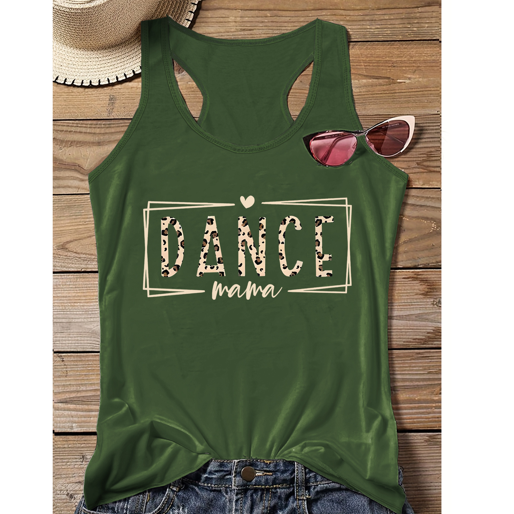 

Plus Size Casual Sporty Dance Mama Print Tank Top, Sleeveless Racer Back Casual Top For Summer & Spring, Women's Clothing