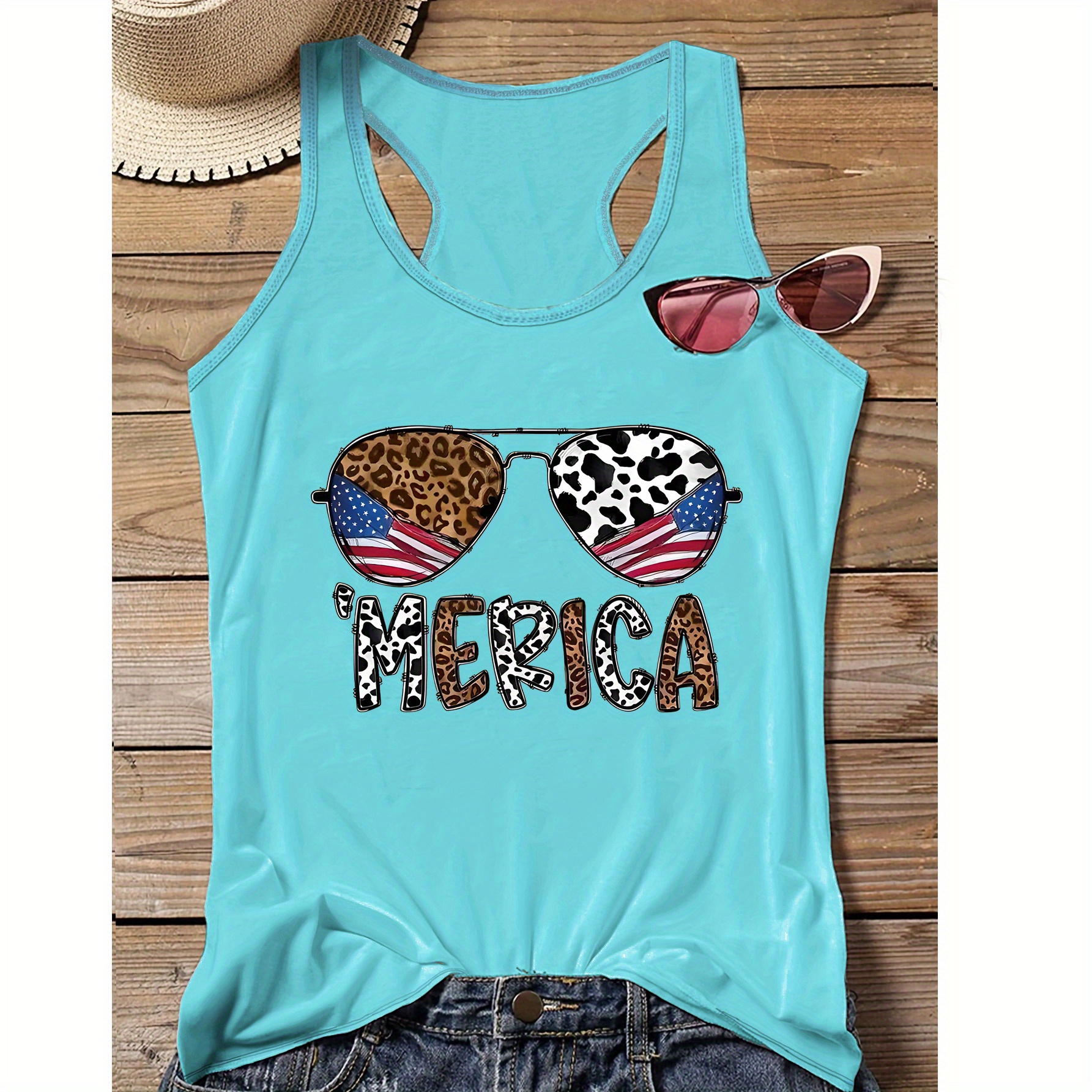 

Plus Size Casual Sporty Leopard American Flag Glasses Print Tank Top, Sleeveless Racer Back Casual Top For Summer & Spring, Women's Clothing