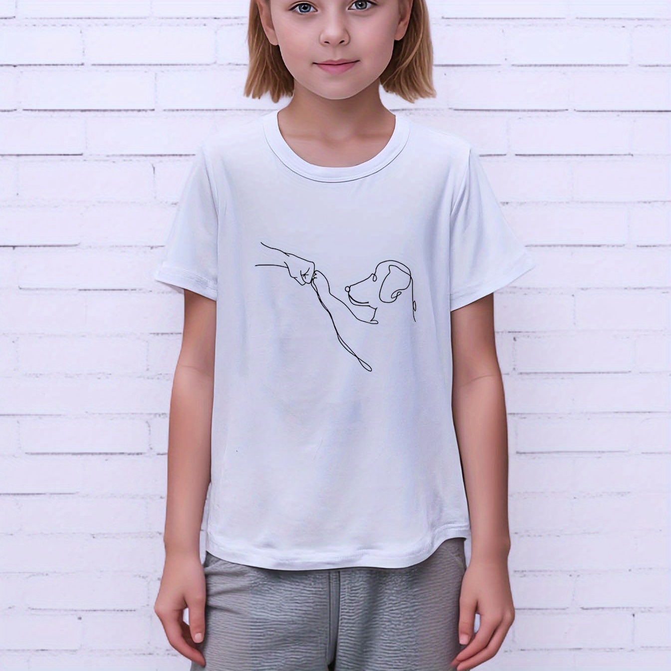 

Doodled Dog And Fist Graphic Print, Girls' Comfy & Loose T-shirts, Top Clothes For Spring & Summer For Outdoor Activities