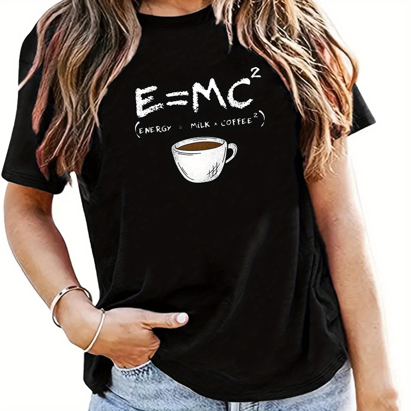 

Coffee Print Crew Neck T-shirt, Short Sleeve Casual Top For Summer & Spring, Women's Clothing