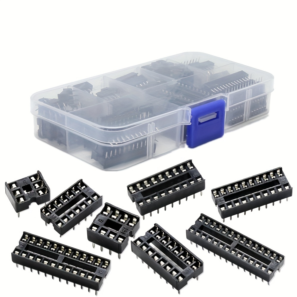 

66pcs Ic Chip Base Set With Storage Case, Durable Ic Sockets, Flat Pin, Assorted Sizes 6p-28p, 8 Varieties, Electronic Component Organizer For Circuits & Diy Projects