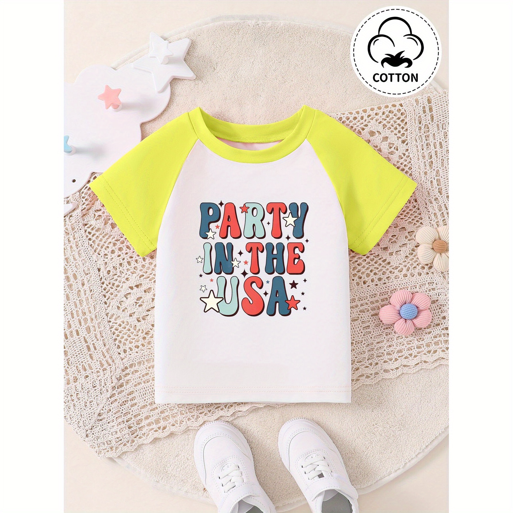 

Party In The Usa & Stars Graphic Print, Baby Girls' Stylish Slightly Flex Crew Neck Short Sleeve Cotton Raglan Tee For Spring & Summer, Toddler Girls' Clothes For Everyday Activities, As Gifts