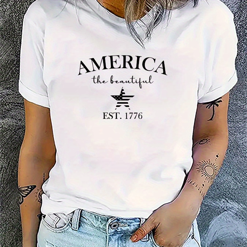 

America Star 1776 Independence Day Graphic Fashion Sports Tee, Short Sleeve Casual T-shirt Top, Women's Activewear