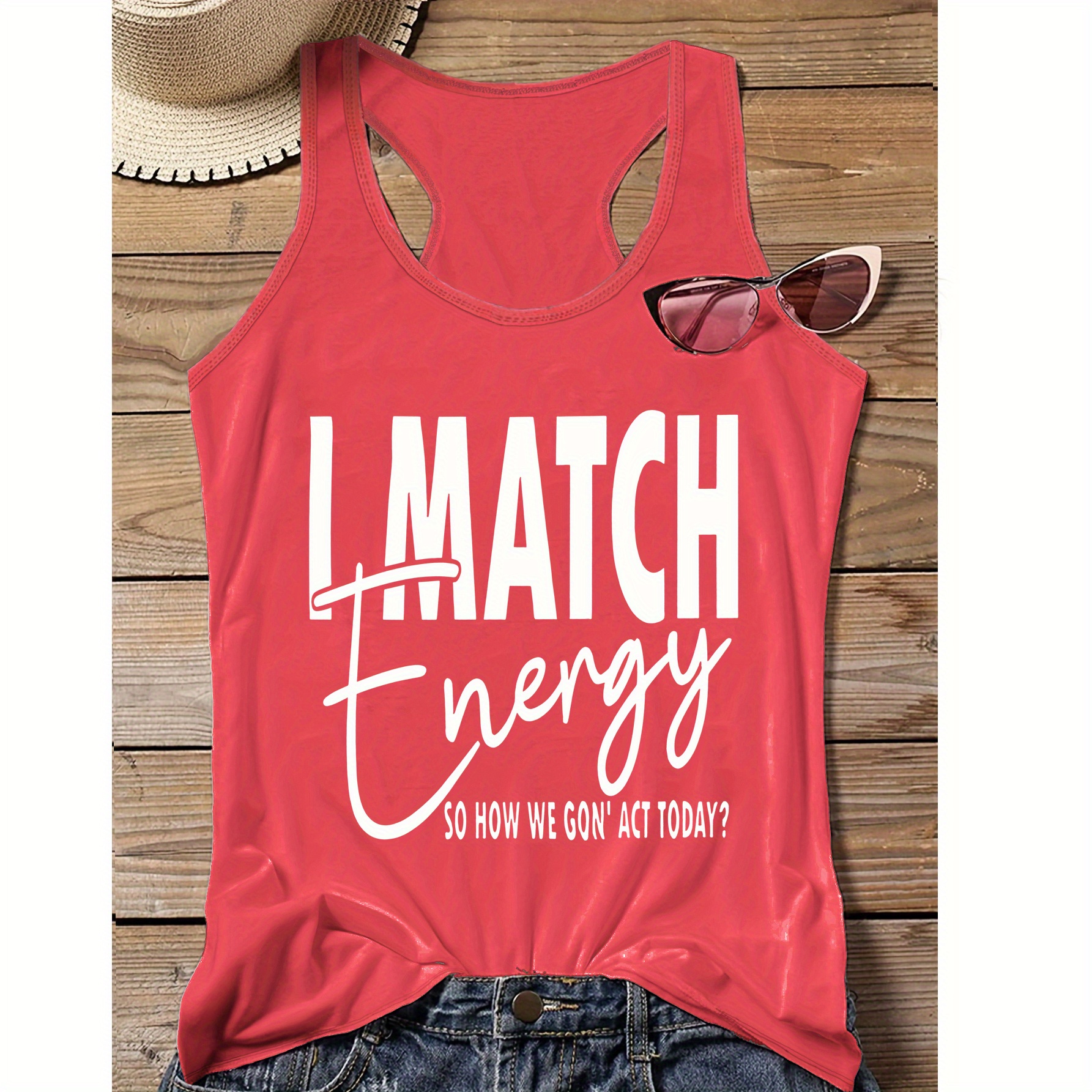 

Plus Size Casual Sporty "match Energy" Print Tank Top, Sleeveless Racer Back Casual Top For Summer & Spring, Women's Clothing