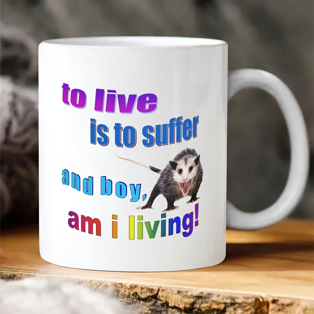 

1pc, Possum Mug, To Live Is To Suffer, And Boy Am I Living! Funny Coffee Mug, Ceramic Mug Double-sided Design, Meme Mug, Possum Gift, Opossum Mug, Novelty Gift, Coffee Cup, Tea Cup, Home Decor