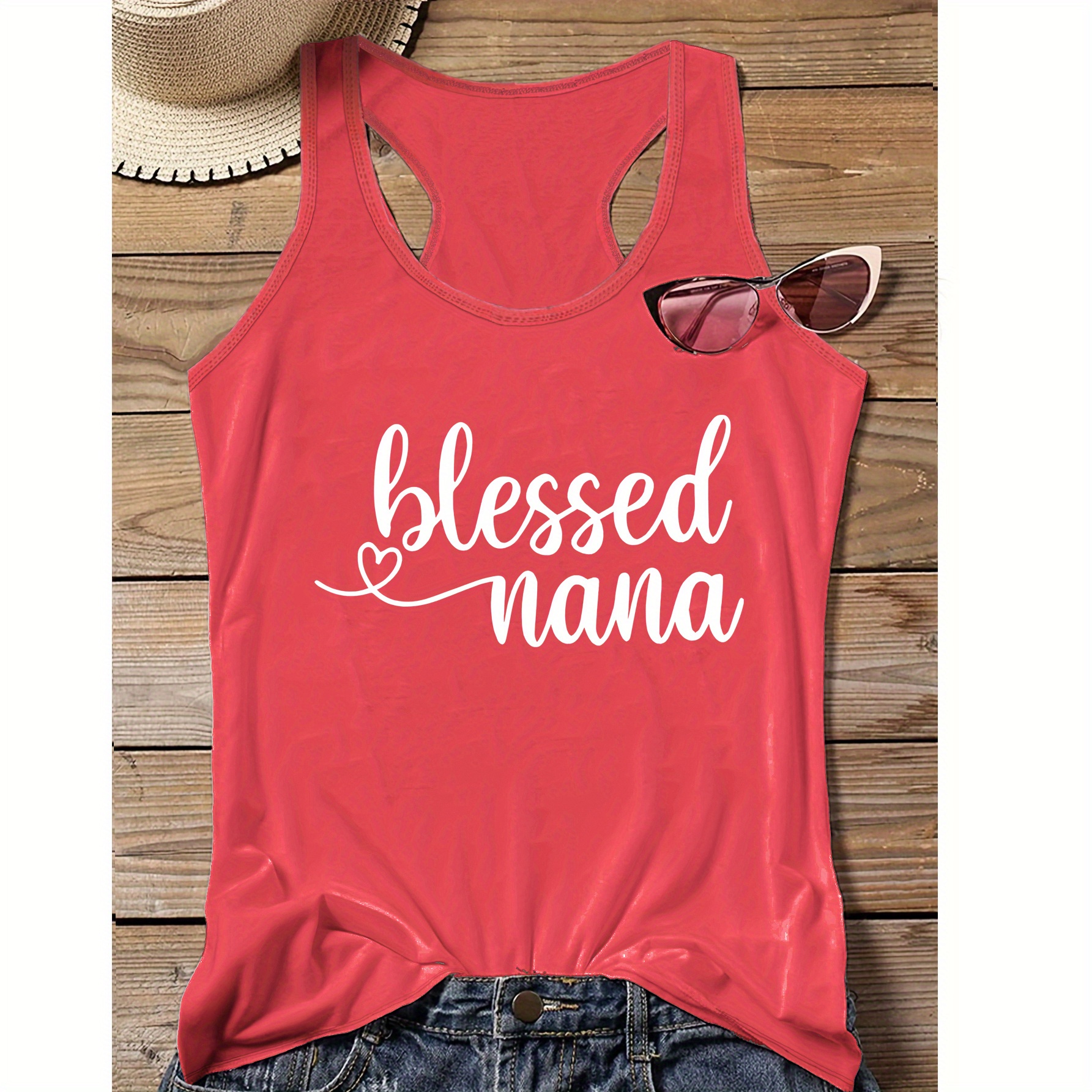 

Plus Size Casual Sporty Blessed Nana Print Tank Top, Sleeveless Racer Back Casual Top For Summer & Spring, Women's Clothing