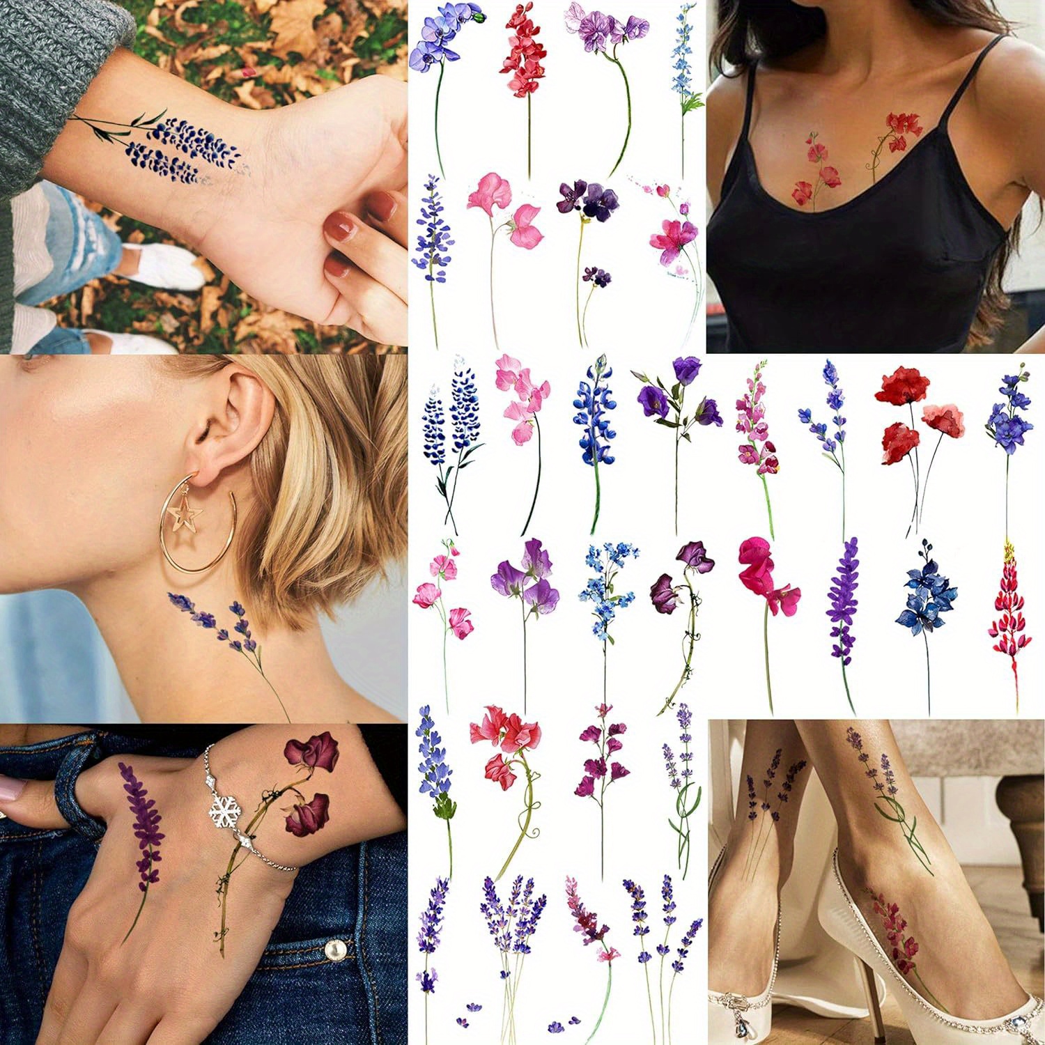 

15 Sheets Watercolor Flower Lavender Temporary Tattoos For Women, Tiny Floral Violet Small Sweet Pea Tattoo Temporary Sticker, Adults Delphinium Fake Tattoos Sexy Tattoo Kit Tattoo Arm