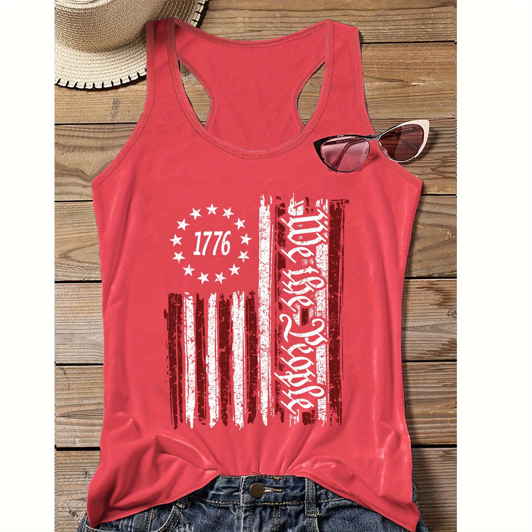 

Plus Size Casual Sporty 1776 American Flag Print Independence Day 4th Of July Tank Top, Sleeveless Racer Back Casual Top For Summer & Spring, Women's Clothing