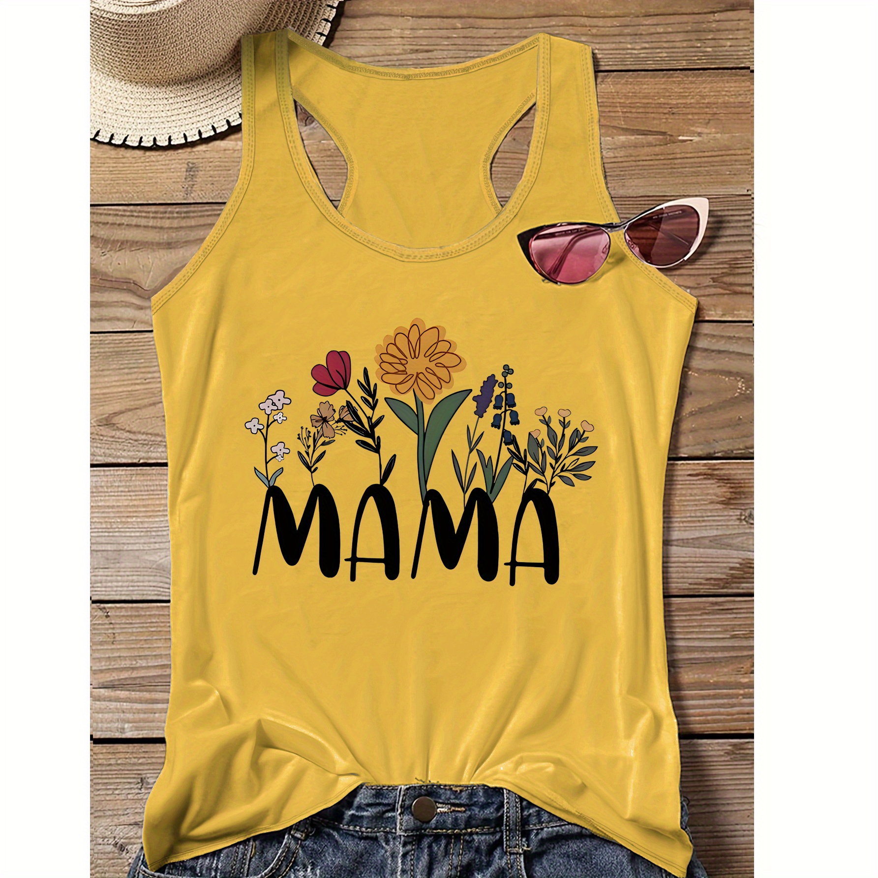 

Plus Size Casual Sporty Mama Floral Print Tank Top, Sleeveless Racer Back Casual Top For Summer & Spring, Women's Clothing