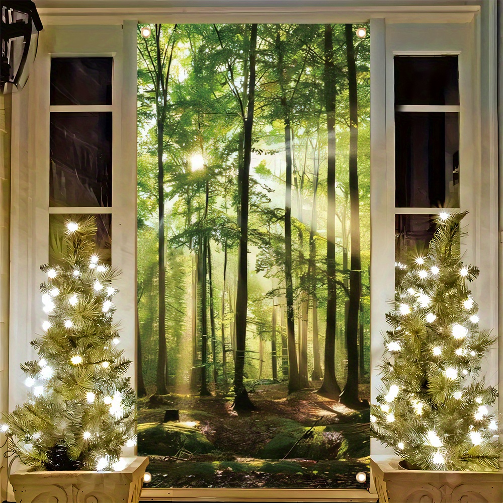 

1pc, Contemporary Style Vinyl Door Cover Banner, Forest Sunlight Porch Sign, Farmhouse Holiday Party Decoration, Indoor/outdoor Hanging Banner For Home Bedroom Decor, 70x35 Inch