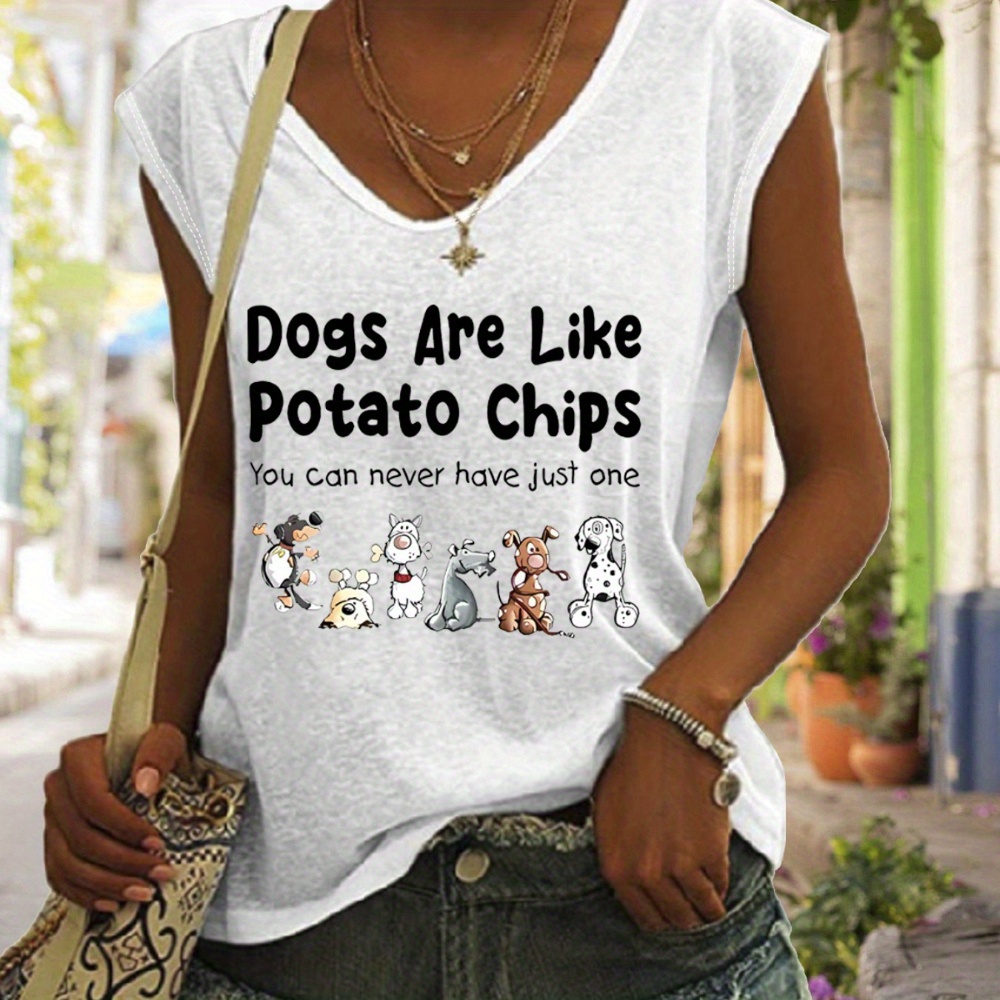 

Dog Print Cap Sleeve Top, Casual Top For Summer & Spring, Women's Clothing