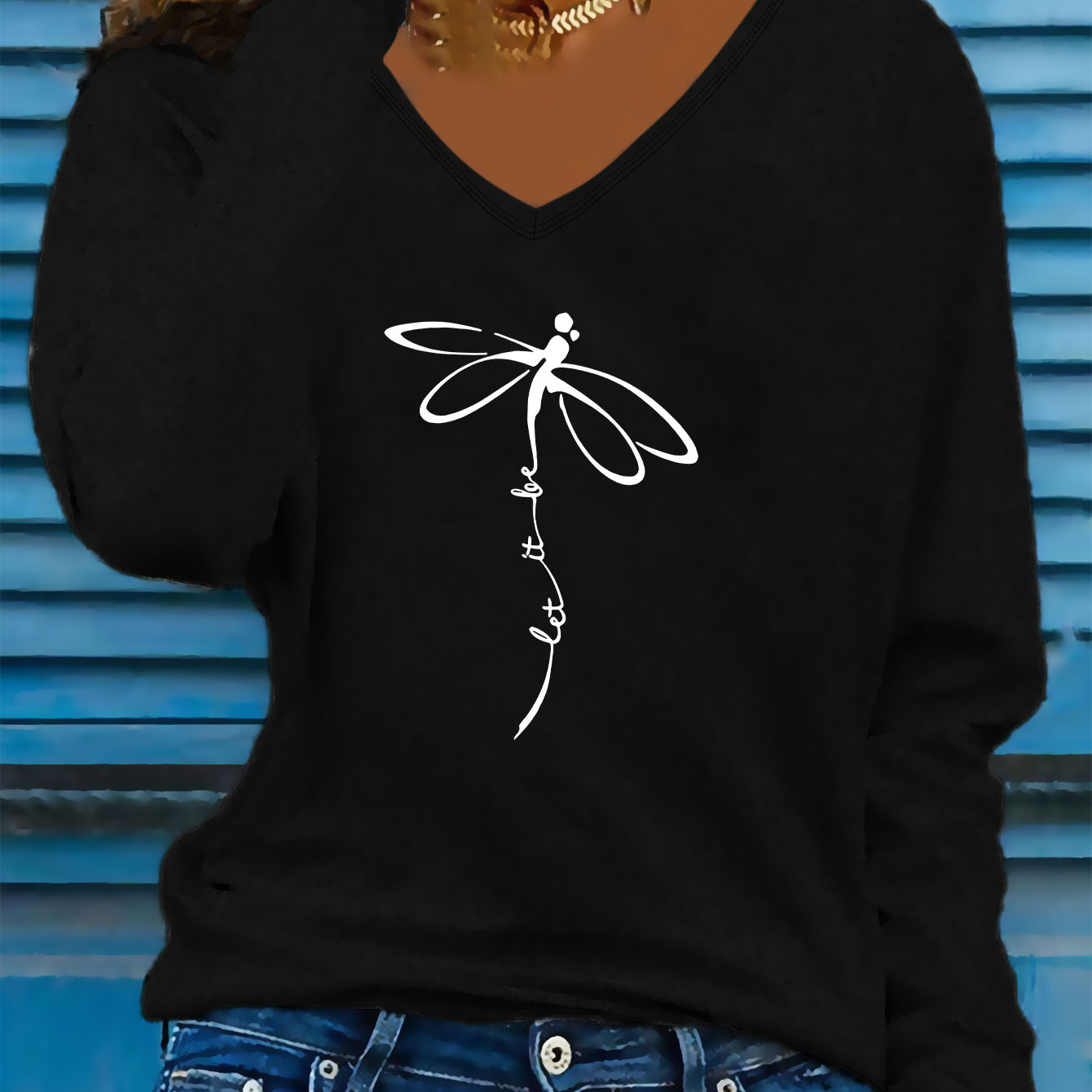 

Dragonfly Print T-shirt, Long Sleeve V Neck Casual Top For Spring & Fall, Women's Clothing