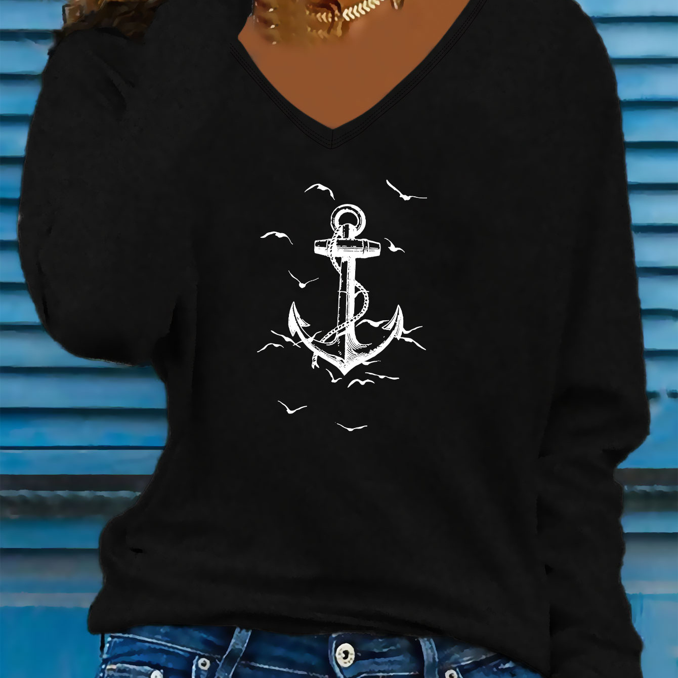 

Anchor Print T-shirt, Long Sleeve V Neck Casual Top For Spring & Fall, Women's Clothing