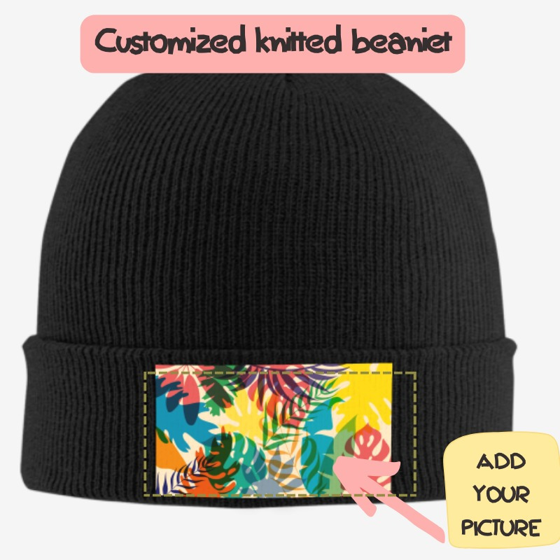 

Customizable Knitted Beanie Hat With Personalized Print Patch, Classic Thick Stretchy Fabric, Tight Stitch Winter Headwear