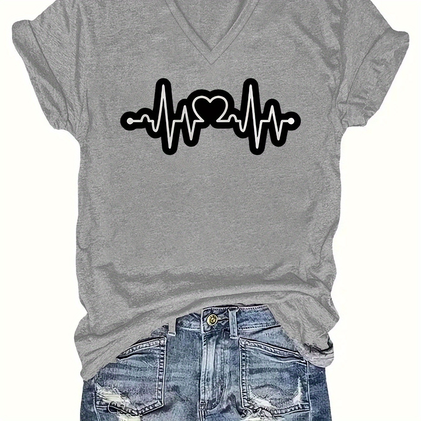 

Heart & Ecg Print T-shirt, Short Sleeve V Neck Casual Top For Summer & Spring, Women's Clothing