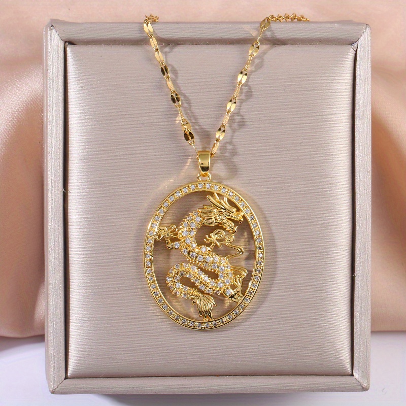 

Elegant Oval Oriental Dragon Loong Pendant Necklace For Girls, Cubic Zirconia Decor Zodiac Loong Jewelry, Birthday Gift