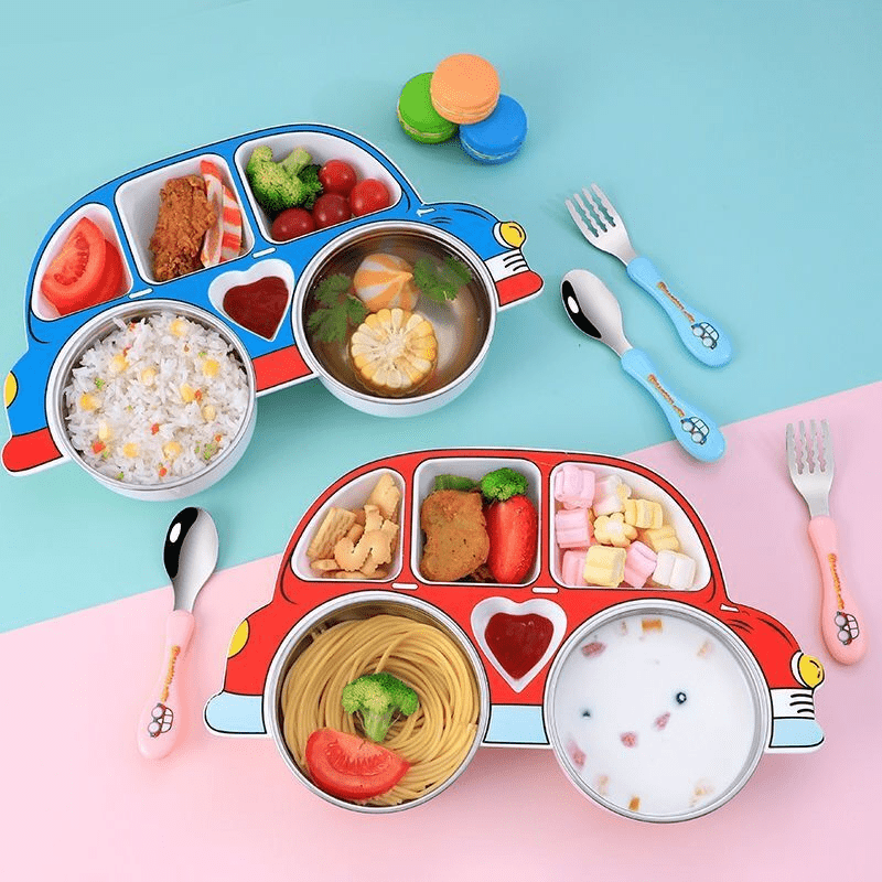 

4pcs/set, Divided Dinner Plate With Lid, Stainless Steel Bowl Set, Cartoon Car Shaped Dinner Plate Tableware, Suitable For Outdoor Camping And Travel