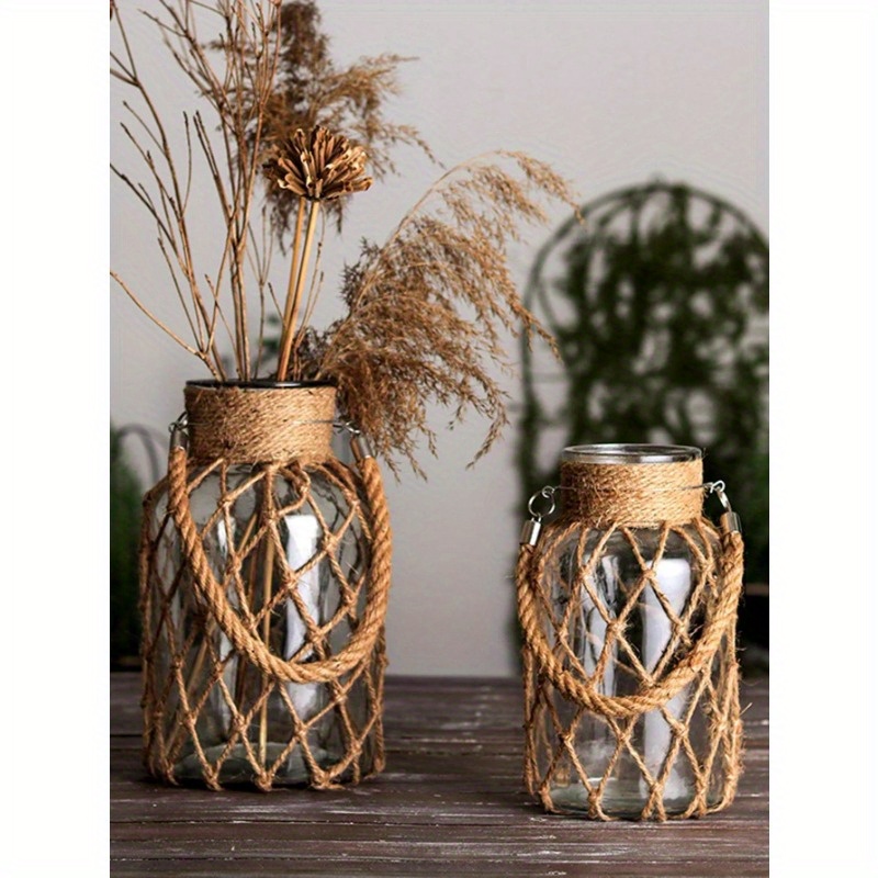 

1pc Rustic Hanging Glass Vase, Rope Net Dry Flower Glass Vase With Art Hemp Rope, Home Living Room Decor Table Decoration