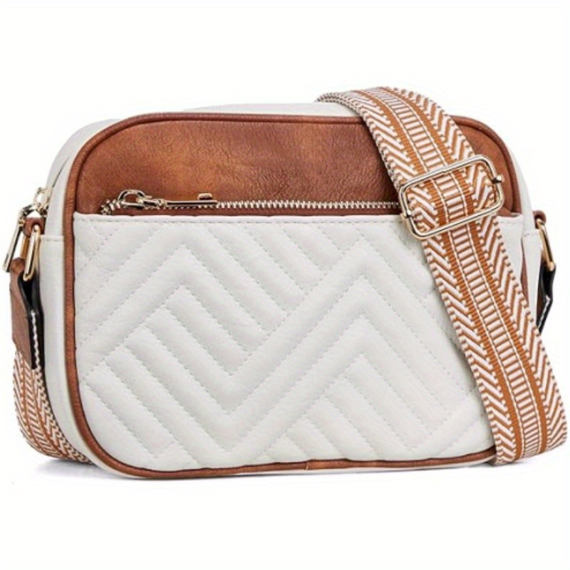 

Chic Crossbody Bag For Women, Fashionable Small Square Shoulder Bag With Embossed Strap, Quilted Design With Zip Closure