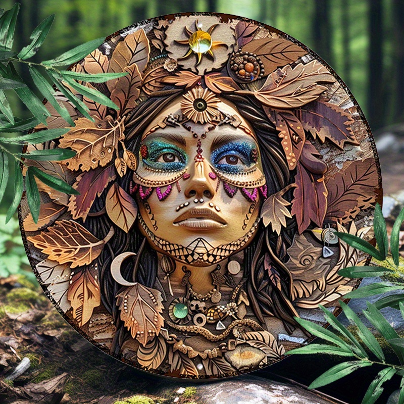 

1pc 8x8inch(20x20cm) Round Aluminum Sign Metal 2d Sign Funny Metal Wall Sign Shamanic Woman Face For Room Decor, Home Decor