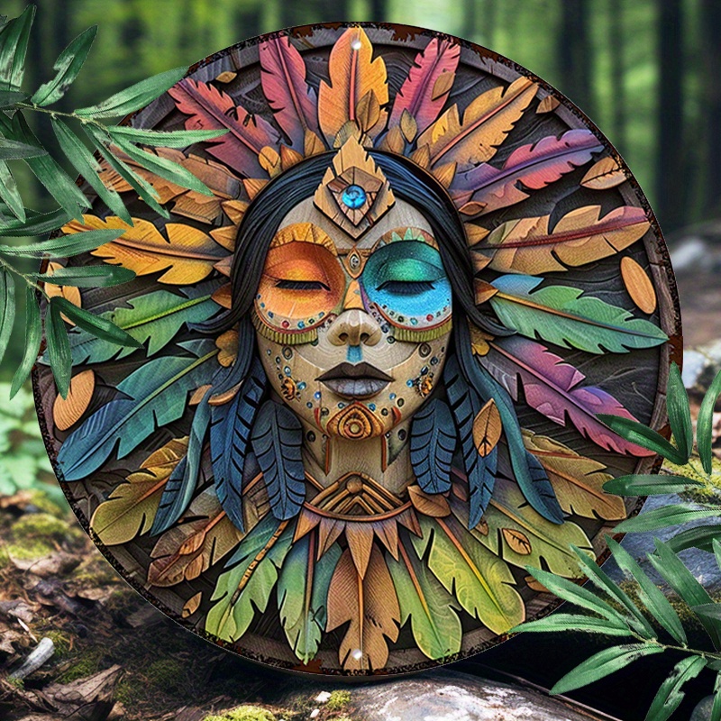 

1pc 8x8inch(20x20cm) Round Aluminum Sign Metal 2d Sign Metal Sign Shamanic Woman Face For Living Room Wall Art, Room Decor