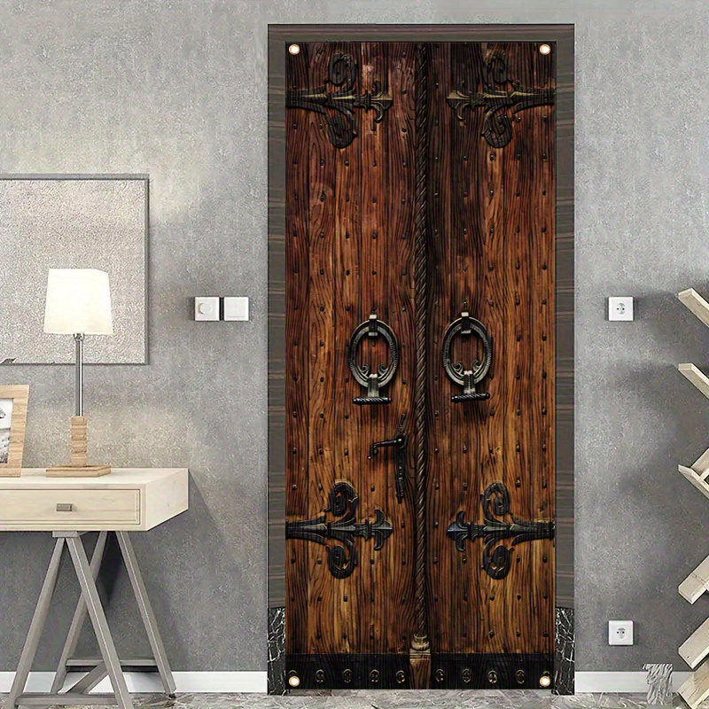 

1pc, Vinyl Door Cover Banner, Modern Style, Faux Wooden Doors With Iron Rings, Peel And Stick Door Mural For Home And Office Decoration, 70x35 Inch