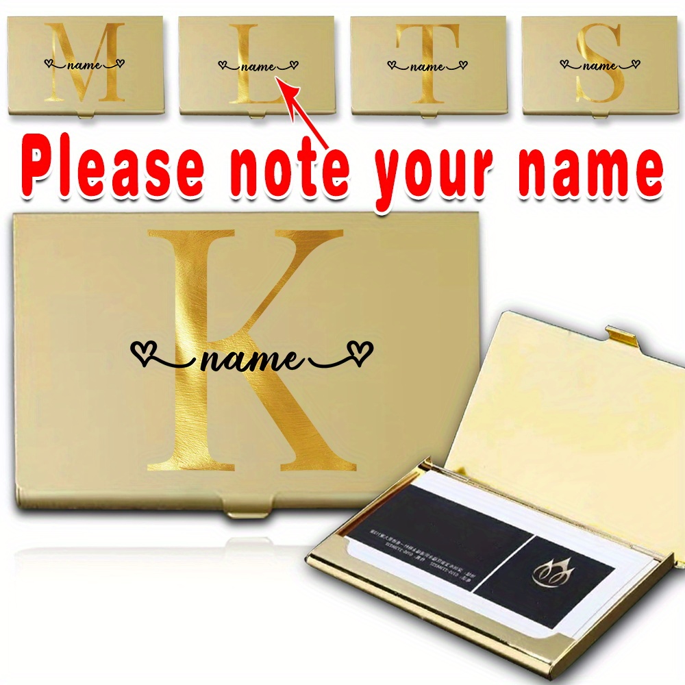 

Mini Minimalist Metal Credit Card Holder, With Golden Letter & Diy Name Pattern Design, Portable Business Card Holder