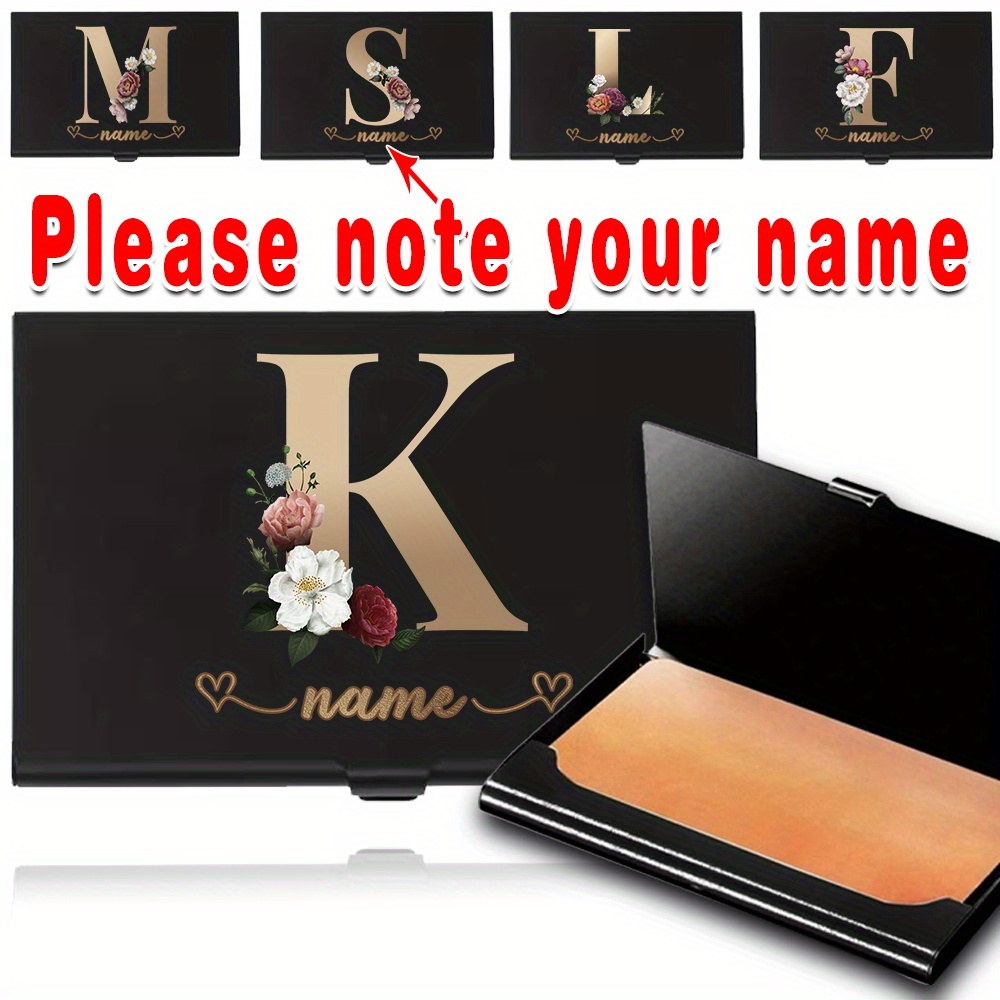 

Mini Minimalist Metal Credit Card Holder, With Golden Letter Flower & Diy Name Pattern Design, Portable Business Card Holder
