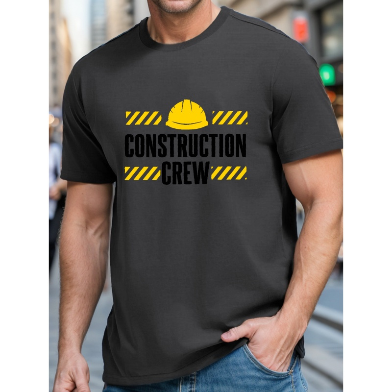 

Construction Crew Print Men's Short Sleeve T-shirts, Comfy Casual Elastic Crew Neck Tops For Men's Outdoor Activities