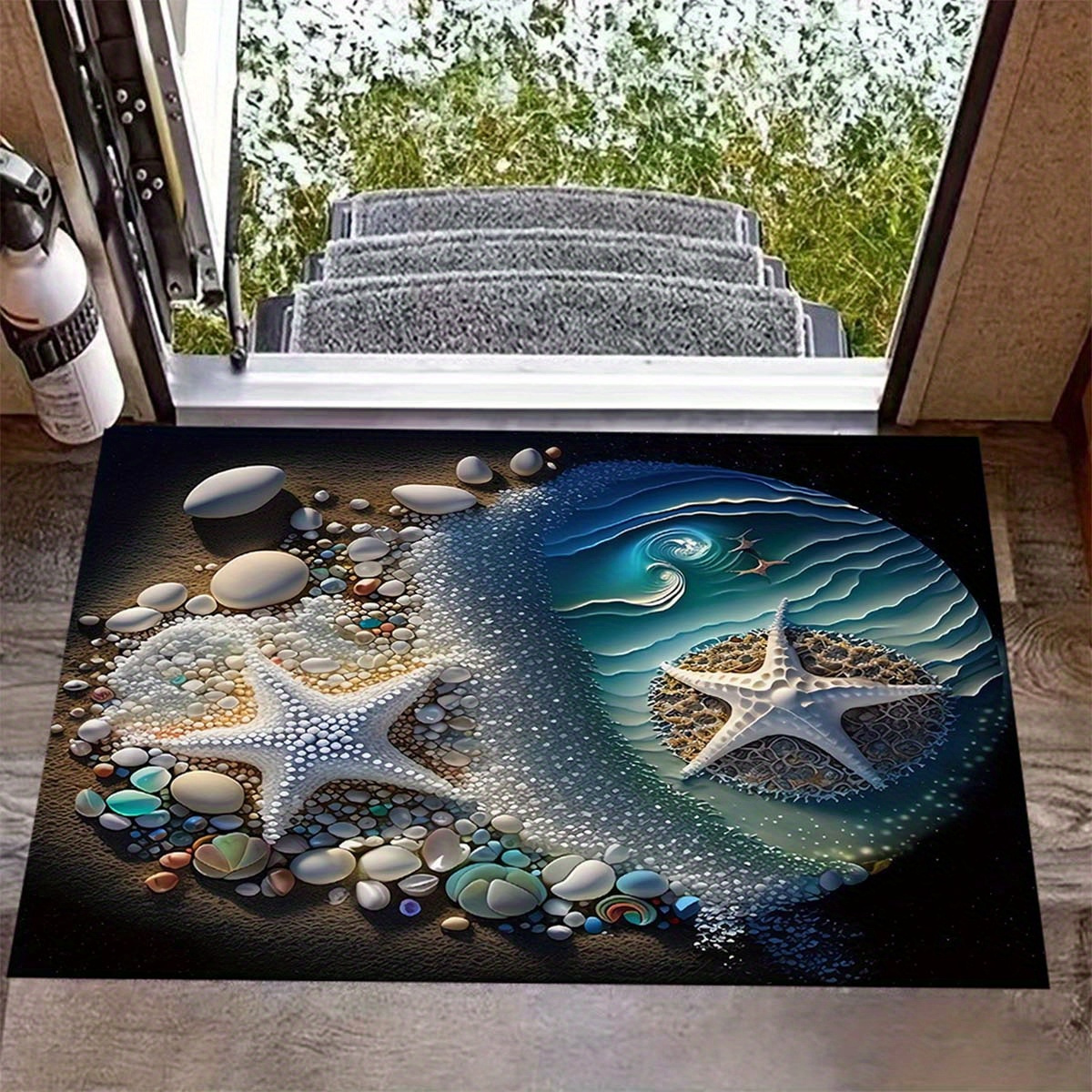 

Beach-inspired 3d Starfish & Shell Rug - Versatile Indoor/outdoor Mat For Living Room, Bedroom, And More