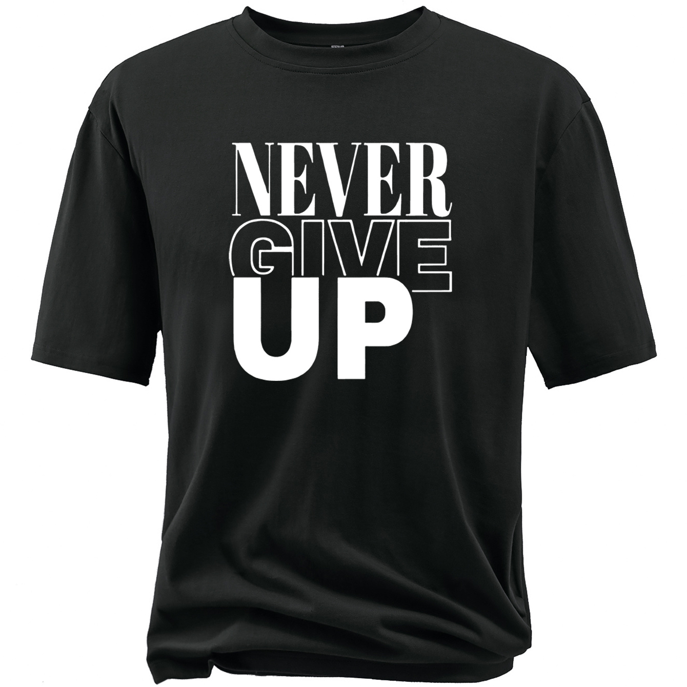 

Plus Size T-shirt For Males, "never Give Up" Graphic Print Short Sleeve Tees For Big & Tall Males, Outdoor Sports Top