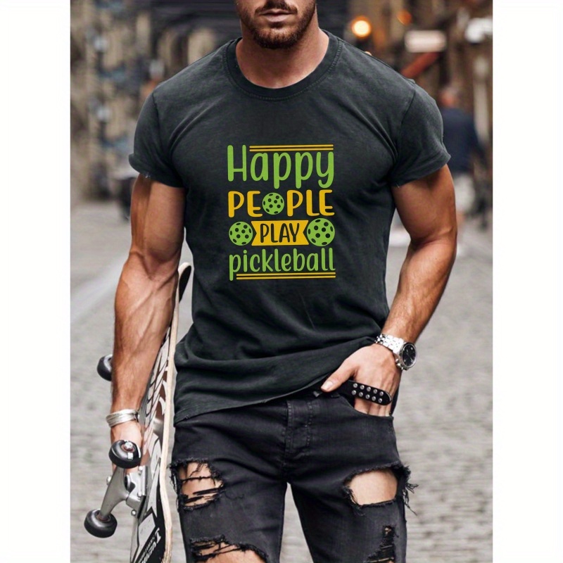 

Happy People Play Pickleball Print Short Sleeve Tees For Men, Casual Crew Neck T-shirt, Comfortable Breathable T-shirt