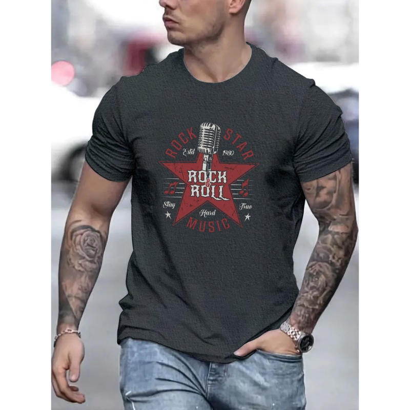

Rock Roll And Microphone Graphic Men's Short Sleeve T-shirt, Comfy Stretchy Trendy Tees For Summer, Casual Daily Style Fashion Clothing