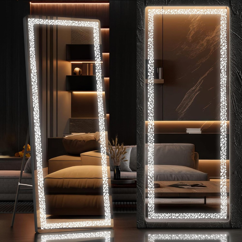 

Hasipu 56" X 16" Led Full Length Mirror With Triangle Pattern, Full Body Mirror With Stand, Wall Mounted And Floor Standing Mirror Dimming & 3 Color Modes