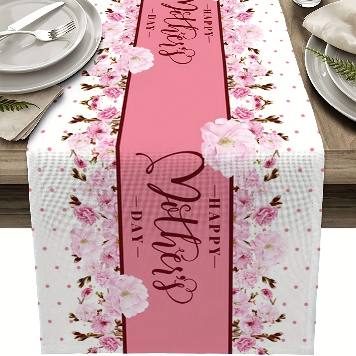 TEMU 1pc Mother's Day Table Runner, Flower Letter Pattern Happy Mother's Day Table Runner For Dining Table, Indoor Outdoor Parties, Farmhouse