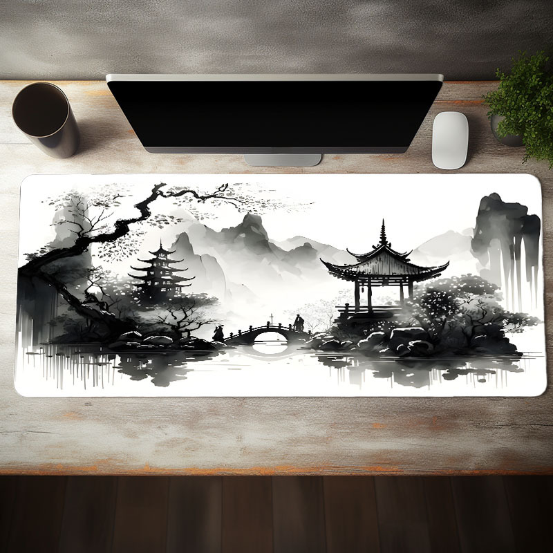 

Black And White Landscape Mountain Painting Large Gaming Mouse Pad, Non Slip Computer Desk Mat, Computer Hd Keyboard Pad Rubber Base Stitched Edge, Mouse Pad Desk Mat For Home Game Office