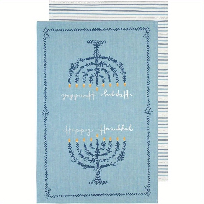 

2pcs, Hand Towels, Blue Candlelight Stripe Printed Happy Hanukkah Theme Dishcloth, Kitchen Multifunctional Dishwashing Towel, Home Warmth Gift, New Home Kitchen Decor