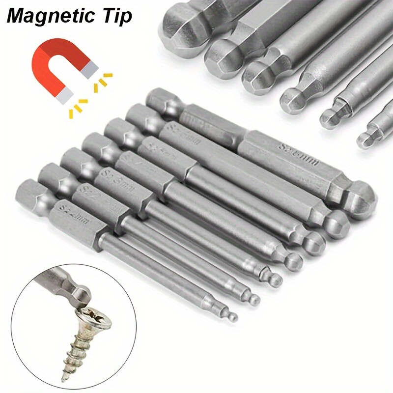 

7pcs Ball End Hex Screwdriver Bits Set, Magnetic Hexagon Allen Wrench Metric Tip, 2mm To 8mm Sizes, Metal Drill Adapter For Diy & Home Improvement