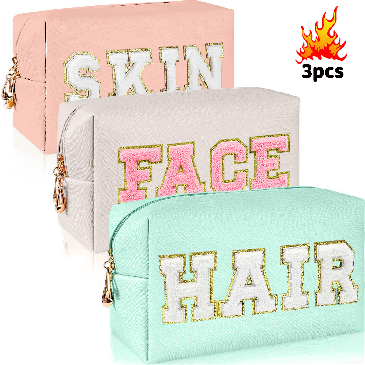 

3pcs Chenille Preppy Makeup Bag For Women Travel Toiletry Bag Chenille Letter Cosmetic Bag Pu Leather Waterproof Pouch Cute Zipper Organizer, Skin, Hair And Face