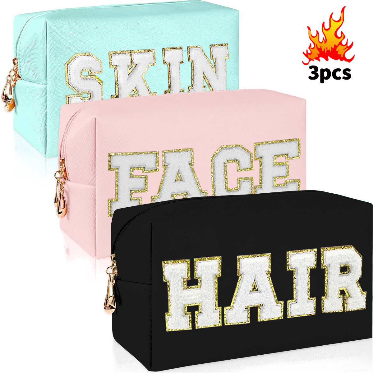 

3pcs Chenille Preppy Makeup Bag For Women Travel Toiletry Bag Chenille Letter Cosmetic Bag Pu Synthetic Leather Waterproof Pouch Cute Zipper Organizer, Skin, Hair And Face