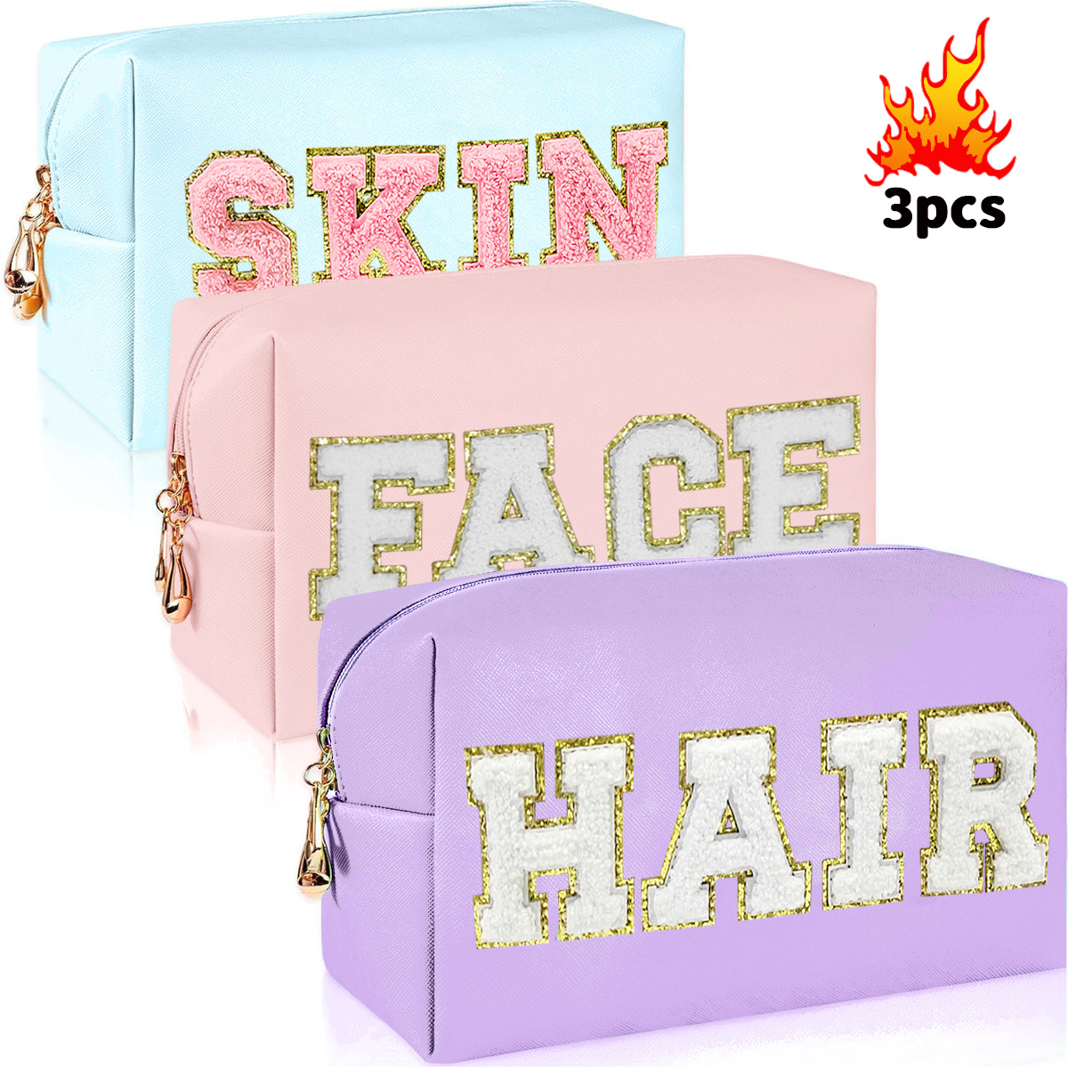 3pcs Chenille Makeup Bag Set for Women Soft Preppy Cosmetic Toiletry  Organizer Cute Zipper Pouch, Travel Essentials, Graduation Gifts