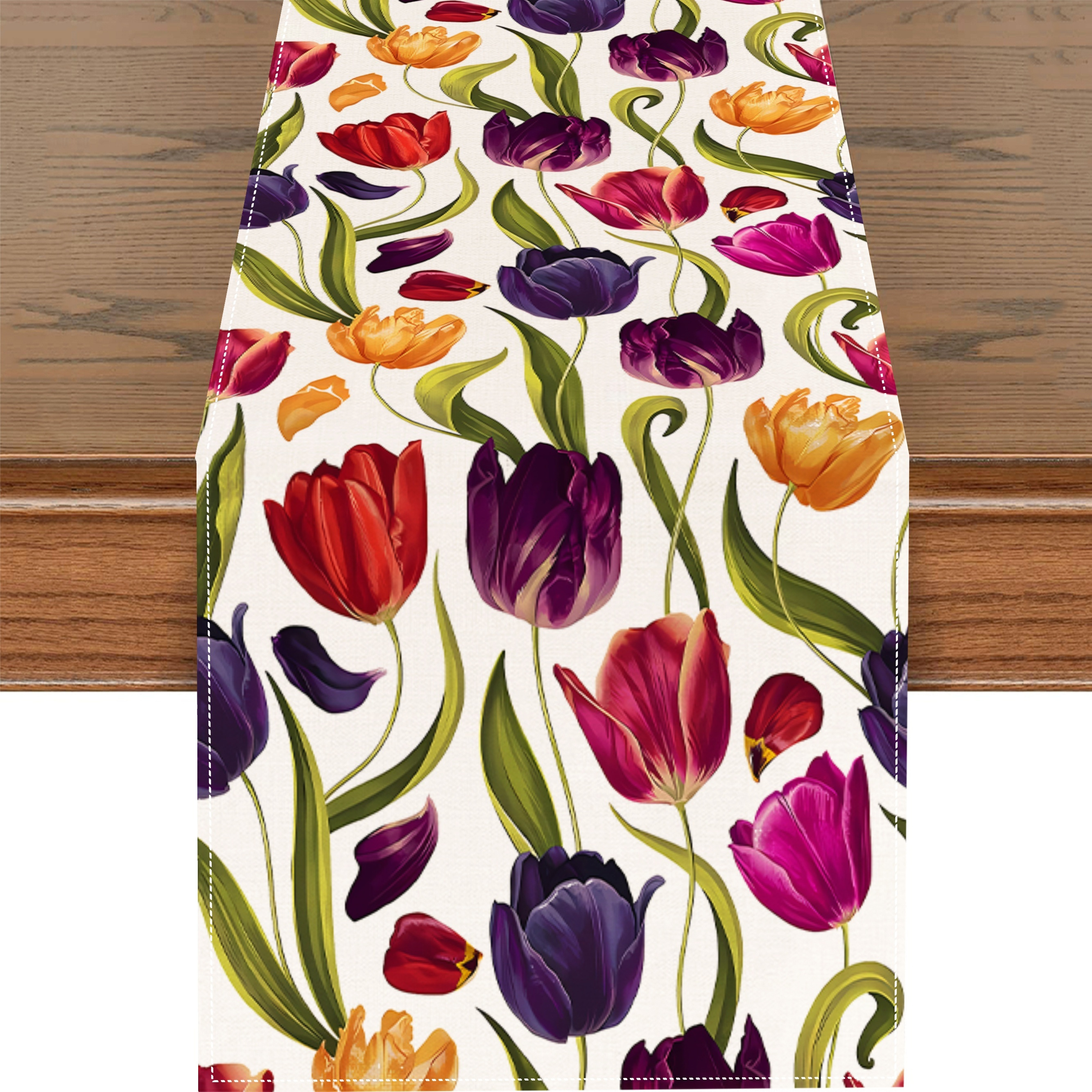 

Colorful Spring Table Runner - Welcome Spring Theme, Day & Dining Room Decor, Polyester
