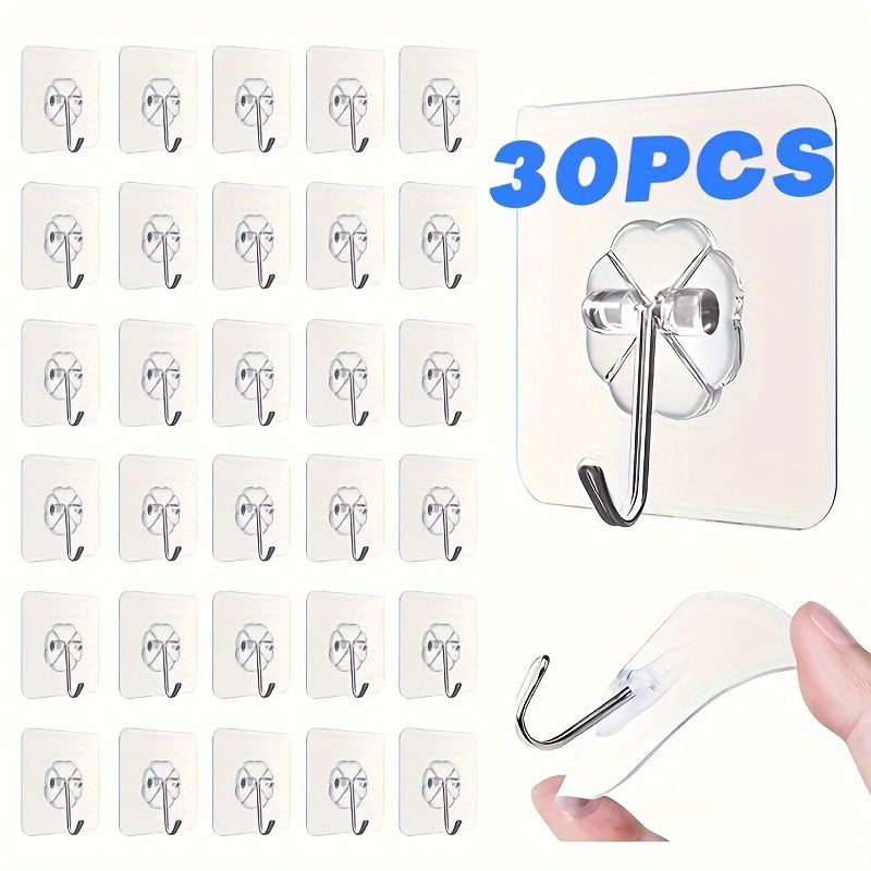 

22lb Capacity Clear Adhesive Hooks - 10/30 Piece, Easy Install, Damage-free Wall Mount For Kitchen & Home Organization